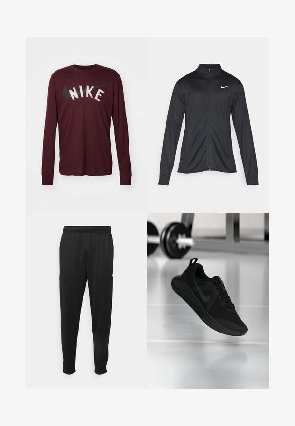 Schwarze Sportjacke mit langen Ärmeln, Kragen und voller Reißverschluss. Verfügt über ein dezentes Nike-Logo in Weiß auf der oberen linken Brust. Glatte Textur.; Nike Performance TEE - Langarmshirt - burgundy crush; Schwarze Sporthosen aus glattem Stoff, mit einem elastischen Bund, schmal zulaufenden Beinen und einem kleinen weißen Logo auf der linken Seite.; Schwarzer Sportschuh mit strukturiertem Mesh-Obermaterial, Gummisohle und auffälligem dunklem Swoosh-Logo. Verfügt über einen gepolsterten Kragen und eine Schnürung.