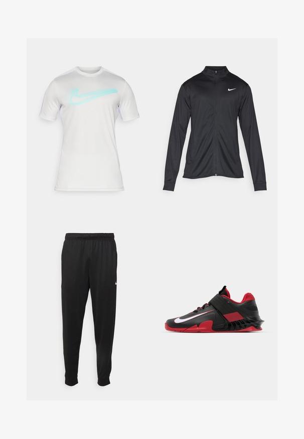 Giacca sportiva nera con maniche lunghe, colletto e zip completa. Presenta un logo Nike in bianco sulla parte superiore del lato sinistro del petto. Tessuto morbido.; T-shirt atletico bianco realizzato in tessuto leggero. Presenta un logo Nike turchese sul davanti e maniche corte con dettagli in rete.; Pantaloni sportivi neri realizzati in tessuto liscio, con una vita elastica, gambe affusolate e un piccolo logo bianco sul lato sinistro.; Sneakers atletici neri e rossi caratterizzati da un design elegante, tomaia in mesh testurizzato, suola in gomma resistente e un accento bianco del logo ben visibile.