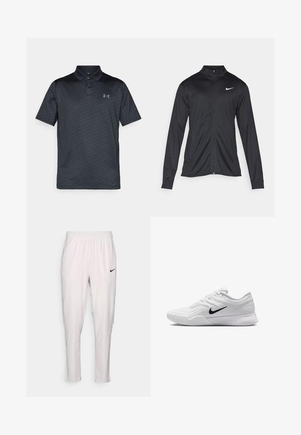 Zwarte sportjack met lange mouwen, kraag en volle rits. Voorzien van een subtiele Nike-logo in het wit op de bovenste linkerborst. Soepele textuur.; Donkergrijze polo-shirt van gladde stof, met een subtiel geometrisch patroon, een kraag en een blauw logo op de linkerborst.; Witte sportbroek met een elastische tailleband. Heeft een slim fit, gladde textuur en een klein zwart Nike-logo aan de voorkant.; Witte sportieve schoen met textuur in het mesh bovenwerk, zwarte Nike swoosh, gevoerde kraag en rubberen zool met een profielpatroon.