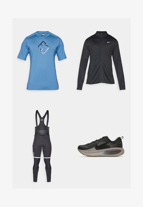 Jacket desportivo preto com mangas longas, colarinho e fecho zip completo. Apresenta um discreto logotipo da Nike em branco na parte superior do lado esquerdo do peito. Textura suave.; Camiseta atlética azul de manga curta feita de tecido suave, apresentando um logotipo azul escuro no centro. Design sem costura nos ombros com decote redondo.; Bermudas de ciclismo pretas com alças ajustáveis, assento acolchoado, detalhes reflexivos brancos nas coxas e tecido elástico e respirável.; Shoe de corrida preto com parte superior em malha, detalhes refletivos e amortecimento ZoomX. Apresenta uma sola texturizada para aderência. Design aerodinâmico.