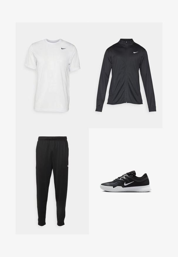 Musta urheilutakki pitkillä hihoilla, kauluksella ja kokonaisella vetoketjulla. Täydentää hienovarainen Nike-logo valkoisena vasemmassa ylärinnassa. Litteä pinta.; Valkoinen lyhythihainen t-paita, joka on valmistettu sileästä kankaasta. Ominaisuuksina pyöreä kaula-aukko ja pieni musta Nike-logo vasemmassa rinnassa.; Mustat urheiluhousut, jotka on valmistettu sileästä kankaasta. Niissä on joustava vyötärö, kapenevat lahkeet ja pieni valkoinen logo vasemmalla puolella.; Musta urheilukenkä, jossa on teksturoitu päällinen, valkoinen Nike-tikkaus ja valkoinen kumipohja. Kenkässä on nauhakuji ja dynaaminen muoto.