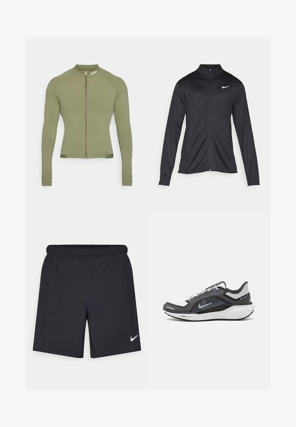Crna sportska jakna s dugim rukavima, ovratnikom i punim patentnim zatvaračem. Ima suptilan Nike logo u bijeloj boji na gornjem lijevom dijelu prsne oznake. Glatka tekstura.; Zelena maslinasta biciklistička jakna dugih rukava, lagani materijal, puni zip sprijeda, visoki ovratnik, prilagođeni dizajn, suptilan logo na ramenu, glatka tekstura.; Crne atletske kratke hlače od laganog materijala s elastičnom tačkom. Imaju mali bijeli Nike logo na donjoj lijevoj strani.; Crne i sive atletske cipele s mrežastim gornjim dijelom, reflektirajućim detaljima i bijelim među-djelom. Imaju strukturiranu gumenu potplate i vezice.