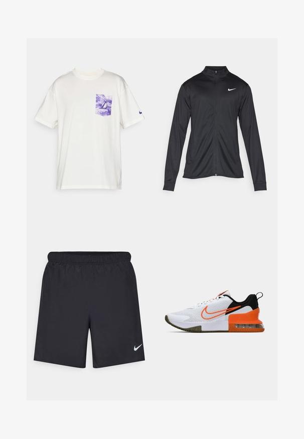 Giacca sportiva nera con maniche lunghe, colletto e zip completa. Presenta un logo Nike in bianco sulla parte superiore del lato sinistro del petto. Tessuto morbido.; T-shirt bianco in cotone con maniche corte, dotato di una tasca sul petto a pois tie-dye viola e un piccolo logo viola sulla manica.; Shorts sportivi neri realizzati in materiale leggero con vita elastica. Presentano un piccolo logo Nike bianco sul lato sinistro in basso.; Scarpa sportiva bianca con tomaia in mesh testurizzato, dettagli neri e arancioni, una suola in gomma spessa e una sezione di cuscino d'aria trasparente nel tallone.