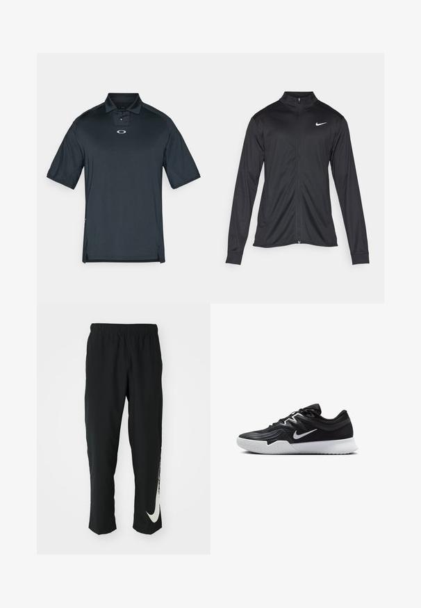 Černá sportovní bunda s dlouhými rukávy, límcem a plným zipem. Má decentní bílou logo značky Nike na horní levé části hrudi. Hladká textura.; Černé polo tričko vyrobené z hladké, prodyšné tkaniny. Má krátký límec, zapínání na tři knoflíky a malé logo na prsou.; Černé sportovní kalhoty s elastickým páskem, zúženým střihem, se velkým bílým logem Nike na levé nohavici. Měkká, lehká tkanina.; Černá atletická bota s texturovaným svrškem, bílým logem Nike a bílou gumovou podrážkou. Disponuje šněrovacím designem a dynamickým tvarem.
