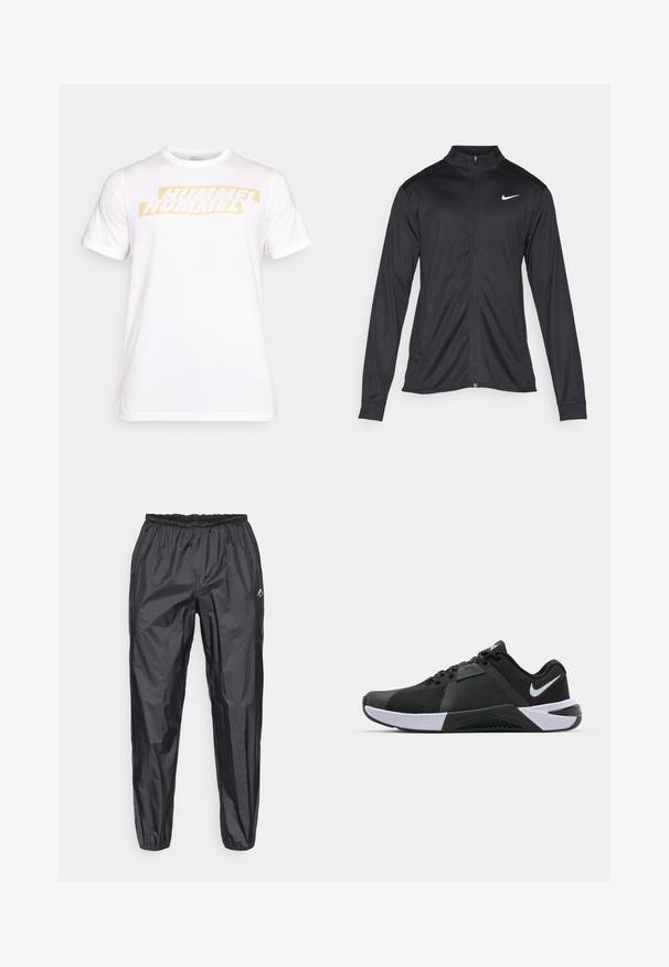 Jacket desportivo preto com mangas longas, colarinho e fecho zip completo. Apresenta um discreto logotipo da Nike em branco na parte superior do lado esquerdo do peito. Textura suave.; T-shirt branca de algodão com mangas curtas, apresentando um logo amarelo "HUMMEL" em uma fonte ousada e distorcida no peito.; Calças de chuva impermeáveis para homem em preto, feitas de material sintético leve, com uma cintura elástica e um corte de perna afunilado.; Nike Performance METCON 10 - Sapatilha de treino - black/white/anthracite