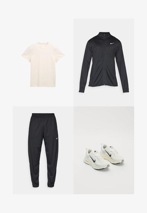 Svart idrottsjacka med långa ärmar, krage och full dragkedja. Har en diskret Nike-logga i vitt på övre vänstra bröstet. Slät yta.; Krämfärgad bomull t-shirt med korta ärmar, rund halsringning och en något texturerad tyg. Inga synliga mönster eller tryck.; Svarta träningsbyxor med elastisk midja, smalnande ben och en liten vit Nike-logga på vänster lår. Slät tyg, utan mönster.; Löparskor gjorda av vit, ventilerande mesh med ljusgrå detaljer. Har en svart swoosh-logotyp och en ljusgrå gummiyttersula.