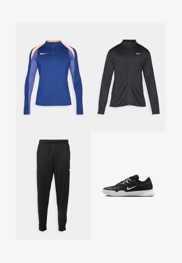 Jacket desportivo preto com mangas longas, colarinho e fecho zip completo. Apresenta um discreto logotipo da Nike em branco na parte superior do lado esquerdo do peito. Textura suave.; Top atlético de manga longa em azul profundo, com painéis de ombro em laranja claro e roxo, fecho de meia zip e um design ajustado.; Calças de desporto pretas feitas de tecido suave, com uma cintura elástica, pernas ajustadas e um pequeno logo branco no lado esquerdo.; Sapatilha atlética preta com um cabedal texturizado, swoosh branco da Nike e uma sola de borracha branca. Apresenta um design com atacadores e uma forma dinâmica.