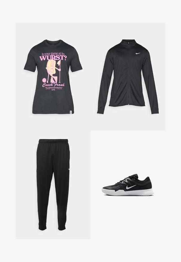 Black athletic jacket with long sleeves, collar, and full zipper. Features a subtle Nike logo in white on the upper left chest. Smooth texture.; Black cotton t-shirt featuring a playful graphic of a hotdog character in pink, with text about golfing and Coach Frank. Short sleeves and crew neck.; Black athletic pants made of smooth fabric, featuring an elastic waistband, tapered legs, and a small white logo on the left side.; Black athletic shoe with a textured upper, white Nike swoosh, and a white rubber outsole. Features a lace-up design and dynamic shape.