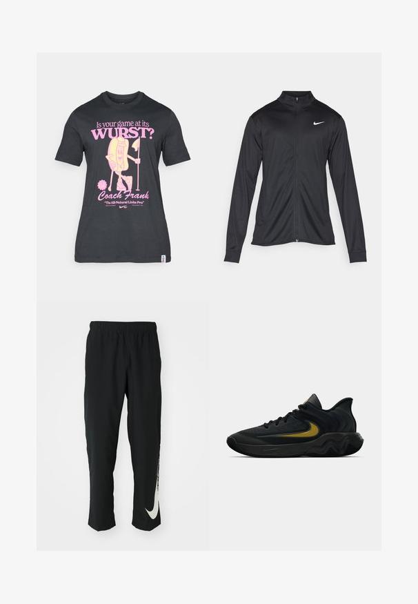 Jacket desportivo preto com mangas longas, colarinho e fecho zip completo. Apresenta um discreto logotipo da Nike em branco na parte superior do lado esquerdo do peito. Textura suave.; T-shirt de algodão preta com um design divertido de um personagem de cachorro-quente em rosa, com texto sobre golfe e o Treinador Frank. Mangas curtas e decote redondo.; Calças atléticas pretas com cintura elástica, design afunilado, apresentando um grande logótipo branco da Nike na perna esquerda. Tecido macio e leve.; Tênis atlético preto e cinza escuro com cadarços pretos e logotipo swoosh dourado, apresentando um design de sola ondulada e colarinho acolchoado no calcanhar.