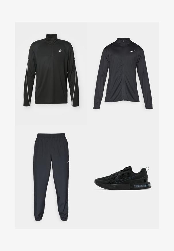 Juodas sportinis švarkas su ilgomis rankovėmis, apykakle ir pilnu užtrauktuku. Yra subtilus baltas Nike logotipas kairėje krūtinės pusėje. Lygus tekstūra.; Juodas ilgarankovis sportinis marškinėlis su pusiau užtrauktuku priekyje, su atspindinčiais baltais akcentais ant rankovių ir logotipu krūtinės srityje.; Juodos sportinės kelnės iš lengvos medžiagos su elastinga juosta, kulkšnies rankovėmis ir diskretišku Nike logotipu kairėje pusėje.; Juodi „Nike“ sportbačiai su tinklinio audinio viršumi, tekstūruota pado danga ir matoma oro pagalve kulne. Akcentai ir logotipas tamsesnės juodos spalvos.