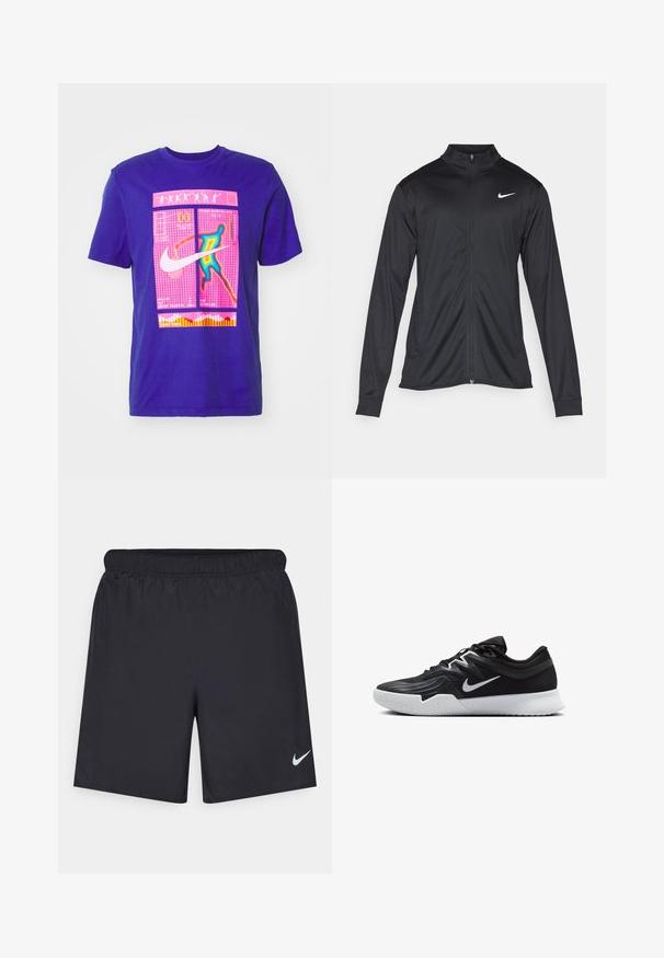Svart idrottsjacka med långa ärmar, krage och full dragkedja. Har en diskret Nike-logga i vitt på övre vänstra bröstet. Slät yta.; Lila bomulls t-shirt med ett grafiskt tryck som har en flerfärgad silhuett, geometriska mönster och Nike-logotypen i vitt.; Svarta träningsshorts gjorda av lätt material med elastisk midja. Har en liten vit Nike-logotyp på nedre vänstra sidan.; Svarta träningsskor med en texturerad ovandel, vit Nike-logga och en vit gummisula. Har snörningsdesign och en dynamisk form.