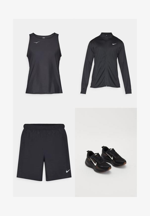 Chaqueta atlética negra con mangas largas, collar y cremallera completa. Presenta un sutil logo de Nike en blanco en la parte superior izquierda del pecho. Textura suave.; Camiseta sin mangas atlética negra con cuello redondo y pequeño logo azul claro en la parte superior izquierda del pecho.; Pantalones cortos deportivos negros hechos de un material ligero con una cintura elástica. Presenta un pequeño logo blanco de Nike en la parte inferior izquierda.; Zapatillas deportivas negras con una parte superior de malla transpirable, logo de Nike en blanco, suela texturizada y acentos marrones contrastantes. Incluye refuerzo en el talón.