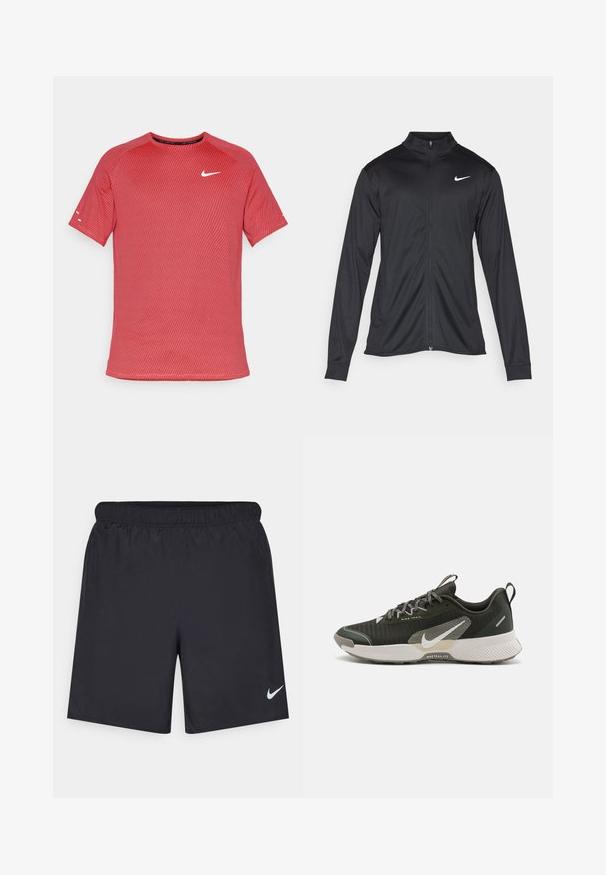 Črna atletska jakna z dolgimi rokavi, ovratnikom in polnim zadrgo. Vključuje diskreten bel Nike logotip na zgornjem levem delu prsnega koša. Gladka tekstura.; Rdeča atletska majica s teksturiranim vzorcem, kratkimi rokavi, okroglim izrezom in belim logotipom Nike na prsih.; Črne atletske kratke hlače iz lahkotnega materiala z elastičnim pasom. Imajo majhen bel Nike logo na spodnji levi strani.; Temnozeleni športni čevelj z teksturirano zgornjimi deli, srebrnimi akcenti in trdnim podplatom, z izrazitim logotipom Nike na strani.