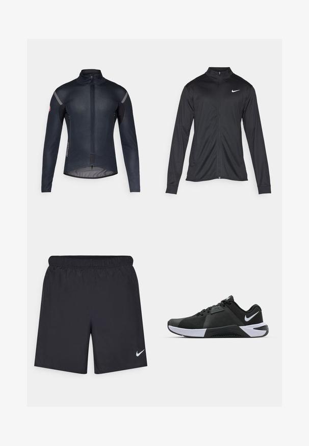 Juodas sportinis švarkas su ilgomis rankovėmis, apykakle ir pilnu užtrauktuku. Yra subtilus baltas Nike logotipas kairėje krūtinės pusėje. Lygus tekstūra.; Vyrų dviratininkų striukė, tamsiai mėlyna, su elegantišku dizainu, aukštu apykakle, atspindinčiomis detalėmis ir užtrauktukais šoninėse kišenėse, skirtose saugojimui.; Juodos sportinės šortai, pagaminti iš lengvos medžiagos, su elastingu juosmeniu. Ant apatinės kairės pusės yra mažas baltas Nike logotipas.; Nike Performance METCON 10 - Avalynė treniruotėms - black/white/anthracite
