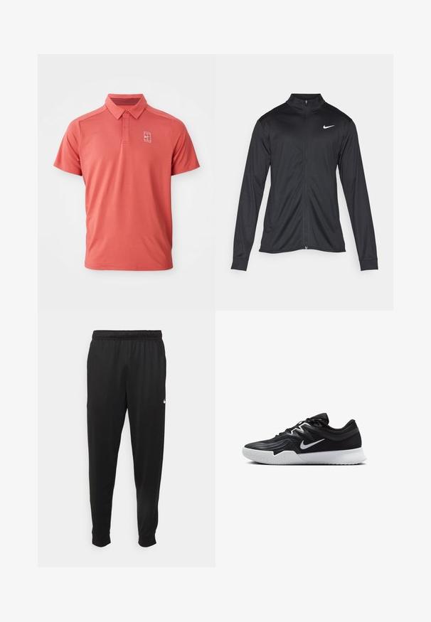 Černá sportovní bunda s dlouhými rukávy, límcem a plným zipem. Má decentní bílou logo značky Nike na horní levé části hrudi. Hladká textura.; Pánská polo košile s krátkým rukávem v korálové barvě, s límečkem, zapínáním na knoflíky a malým bílým logem na hrudi. Vyrobena z prodyšné, texturované látky.; Černé sportovní kalhoty vyrobené z hladké tkaniny, s elastickým pasem, zúženými nohavicemi a malým bílým logem na levé straně.; Černá atletická bota s texturovaným svrškem, bílým logem Nike a bílou gumovou podrážkou. Disponuje šněrovacím designem a dynamickým tvarem.