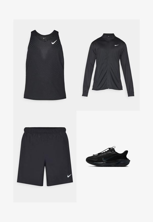 Black athletic jacket with long sleeves, collar, and full zipper. Features a subtle Nike logo in white on the upper left chest. Smooth texture.; Black athletic tank top with a perforated texture and rounded neckline. Features a white Nike logo on the chest.; Black athletic shorts made of lightweight material with an elastic waistband. Features a small white Nike logo on the lower left side.; Black athletic shoes with a textured mesh upper, smooth accents, and a distinct Nike logo. Features a cushioned sole and elastic laces.