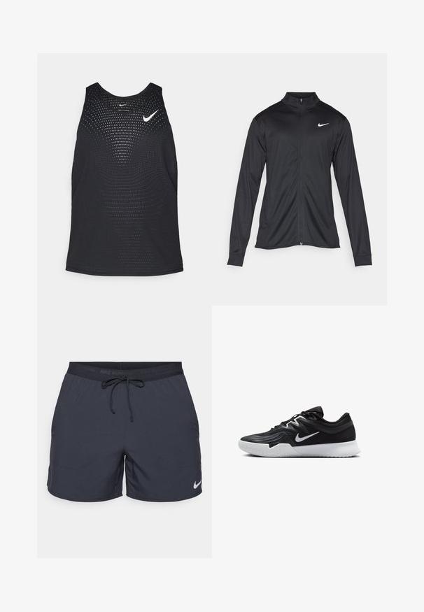 Black athletic jacket with long sleeves, collar, and full zipper. Features a subtle Nike logo in white on the upper left chest. Smooth texture.; Black athletic tank top with a perforated texture and rounded neckline. Features a white Nike logo on the chest.; Nike running shorts, dark gray, elastic waist with drawstring, side pockets, lightweight fabric, featuring a white Nike logo on the lower hem.; Black athletic shoe with a textured upper, white Nike swoosh, and a white rubber outsole. Features a lace-up design and dynamic shape.