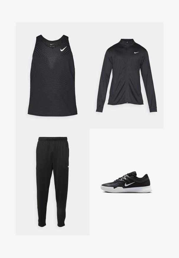 Chaqueta atlética negra con mangas largas, collar y cremallera completa. Presenta un sutil logo de Nike en blanco en la parte superior izquierda del pecho. Textura suave.; Camiseta sin mangas deportiva negra con textura perforada y escote redondeado. Presenta un logo de Nike en blanco en el pecho.; Pantalones deportivos negros de tejido suave, con cintura elástica, perneras ajustadas y un pequeño logotipo blanco en el lado izquierdo.; Zapatilla deportiva negra con parte superior texturizada, logo de Nike en blanco y suela de goma blanca. Tiene un diseño con cordones y una forma dinámica.