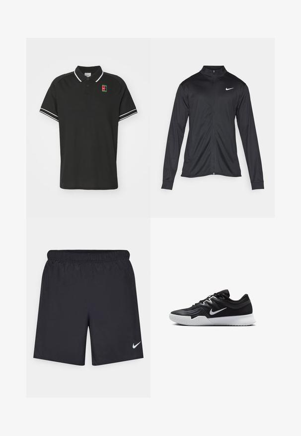 Crna sportska jakna s dugim rukavima, ovratnikom i punim patentnim zatvaračem. Ima suptilan Nike logo u bijeloj boji na gornjem lijevom dijelu prsne oznake. Glatka tekstura.; Crna polo majica kratkih rukava, teksturirana tkanina, bijele pruge na rukavima i višebojni logo na prsima.; Crne atletske kratke hlače od laganog materijala s elastičnom tačkom. Imaju mali bijeli Nike logo na donjoj lijevoj strani.; Crna sportska cipela s teksturiranim gornjim dijelom, bijelim Nike swooshom i bijelim gumennim potplatom. Ima dizajn s vezanjem i dinamičan oblik.