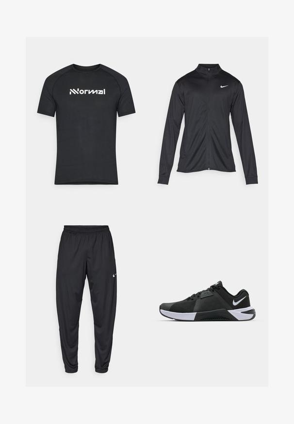 Must värvi sportlik jakk pikkade varrukatega, krae ja täispikk tõmblukk. Ülemises vasakus rinnas on diskreetne valge Nike logo. Sile tekstuur.; Must-haves trükkidega must lühikeste varrukatega t-särk, valmistatud tekstureeritud kangast. Rinnal on kaasaegses kirjas valge logo "Normal".; Mustad sportpüksid elastse vöökoha, kitsenevate jalgade ja väikese valge Nike logo'ga vasakul reitel. Sile kangas, ilma mustriteta.; Nike Performance METCON 10 - Treeningjalatsid - black/white/anthracite
