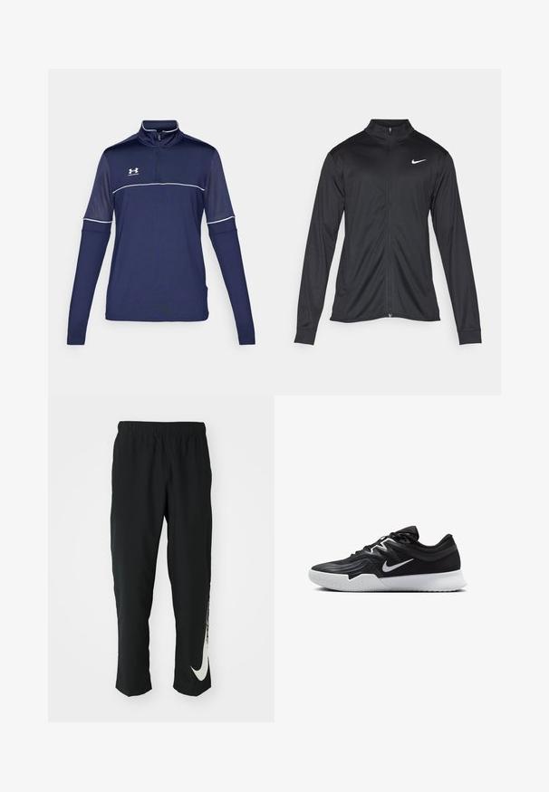 Svart idrottsjacka med långa ärmar, krage och full dragkedja. Har en diskret Nike-logga i vitt på övre vänstra bröstet. Slät yta.; Marint blå långärmad tröja med halva dragkedjan, med vit kontrastsöm och övre panel i mesh. Tillverkad av lätt och andningsbart tyg.; Svarta träningsbyxor med elastisk midja, avsmalnande design, med en stor vit Nike-logotyp på vänster ben. Mjuk, lättviktig tyg.; Svarta träningsskor med en texturerad ovandel, vit Nike-logga och en vit gummisula. Har snörningsdesign och en dynamisk form.