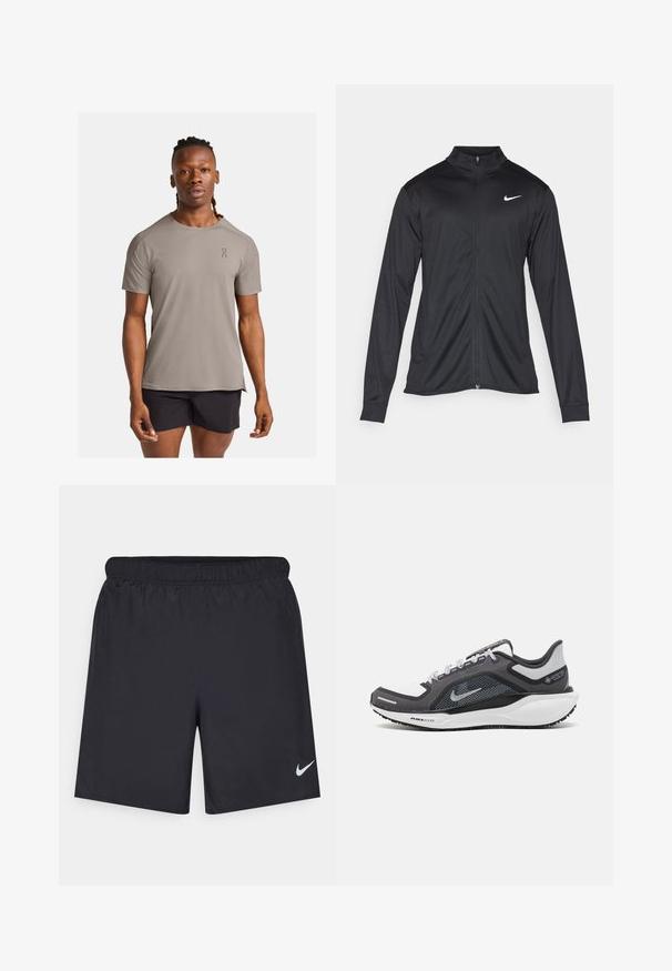 Musta urheilutakki pitkillä hihoilla, kauluksella ja kokonaisella vetoketjulla. Täydentää hienovarainen Nike-logo valkoisena vasemmassa ylärinnassa. Litteä pinta.; Kevyt, lyhythihainen urheilupaita taupe-värissä, jossa on pyöreä pääntie ja huomaamaton logo yksityiskohtana. Materiaalina on sileä ja hengittävä kangas.; Mustat urheilushortsit, jotka on valmistettu kevyestä materiaalista ja joissa on joustava vyötärö. Alareunassa vasemmalla puolella on pieni valkoinen Nike-logo.; Musta ja harmaa urheilukenka, jossa on verkkopäällinen, heijastavat yksityiskohdat ja valkoinen välipohja. Varustettu kuvioidulla kumipohjalla ja nauhoilla.