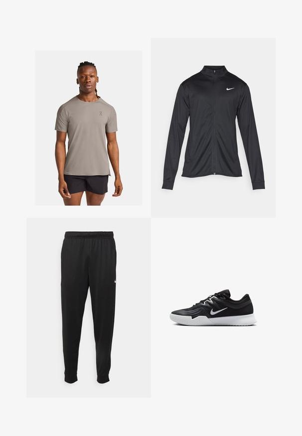 Czarna sportowa kurtka z długimi rękawami, kołnierzem i pełnym zamkiem. Posiada subtelne logo Nike w białym kolorze na lewej górnej części klatki piersiowej. Gładka tekstura.; Lekka, krótki rękaw koszulka sportowa w kolorze taupe z okrągłym dekoltem i subtelnym detalem logotypu. Wykonana z gładkiego, oddychającego materiału.; Czarne sportowe spodnie wykonane z gładkiego materiału, z elastycznym pasem, zwężanymi nogawkami i małym białym logo po lewej stronie.; Czarne buty sportowe z teksturowaną cholewką, białym logo Nike i białą gumową podeszwą. Charakteryzują się sznurowanym zapięciem i dynamicznym kształtem.