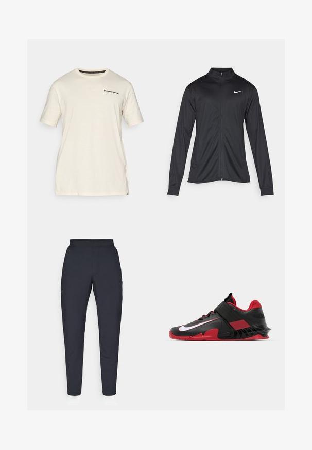 Black athletic jacket with long sleeves, collar, and full zipper. Features a subtle Nike logo in white on the upper left chest. Smooth texture.; Cream-colored cotton t-shirt with short sleeves. Features a small black logo printed on the left chest and a crew neck design.; Black athletic pants with a smooth texture, slim fit, elastic waistband, and side pockets. Features a small logo on the left thigh.; Black and red athletic sneakers featuring a sleek design, textured mesh upper, sturdy rubber sole, and prominent white logo accent.