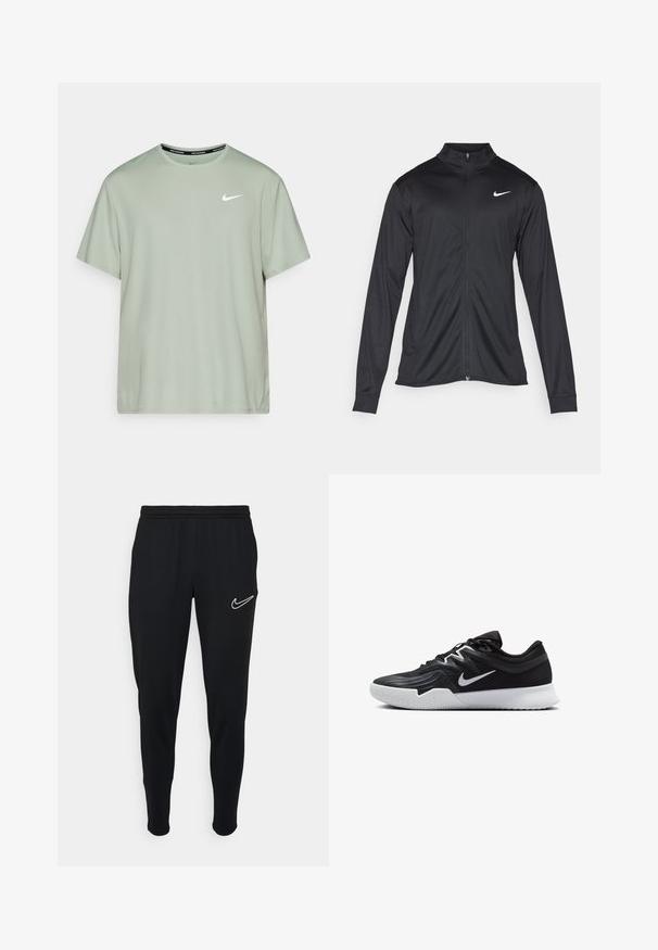 Czarna sportowa kurtka z długimi rękawami, kołnierzem i pełnym zamkiem. Posiada subtelne logo Nike w białym kolorze na lewej górnej części klatki piersiowej. Gładka tekstura.; Nike Performance MILER jasnozielony; Czarne dresowe joggery z elastycznym pasem, dopasowane, z białym logo Nike po lewej stronie. Miękka tkanina o gładkiej fakturze.; Czarne buty sportowe z teksturowaną cholewką, białym logo Nike i białą gumową podeszwą. Charakteryzują się sznurowanym zapięciem i dynamicznym kształtem.