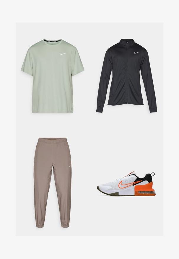 Čierna športová bunda s dlhými rukávmi, golierom a plným zipsom. Obsahuje nenápadné logo Nike v bielej farbe na hornej ľavej hrudi. Hladká textúra.; Nike Performance MILER - Športové tričko - jade horizon/reflective silver; Nike športové nohavice vo svetlohnedej farbe, s elastickým pásom, zúženými nohavicami a bočnými vreckami. Hladký, ľahký materiál.; Biele športové topánky s textúrovaným sieťovaným zvrškom, čiernymi a oranžovými akcentmi, hrubou gumovou podrážkou a priesvitnou vzduchovou vankúšikovou časťou na päte.