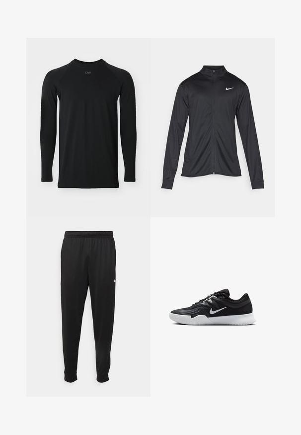 Black athletic jacket with long sleeves, collar, and full zipper. Features a subtle Nike logo in white on the upper left chest. Smooth texture.; Black long-sleeve shirt with a round neck, made of smooth, durable fabric; features raglan sleeves and subtle tonal branding at the neckline.; Black athletic pants made of smooth fabric, featuring an elastic waistband, tapered legs, and a small white logo on the left side.; Black athletic shoe with a textured upper, white Nike swoosh, and a white rubber outsole. Features a lace-up design and dynamic shape.