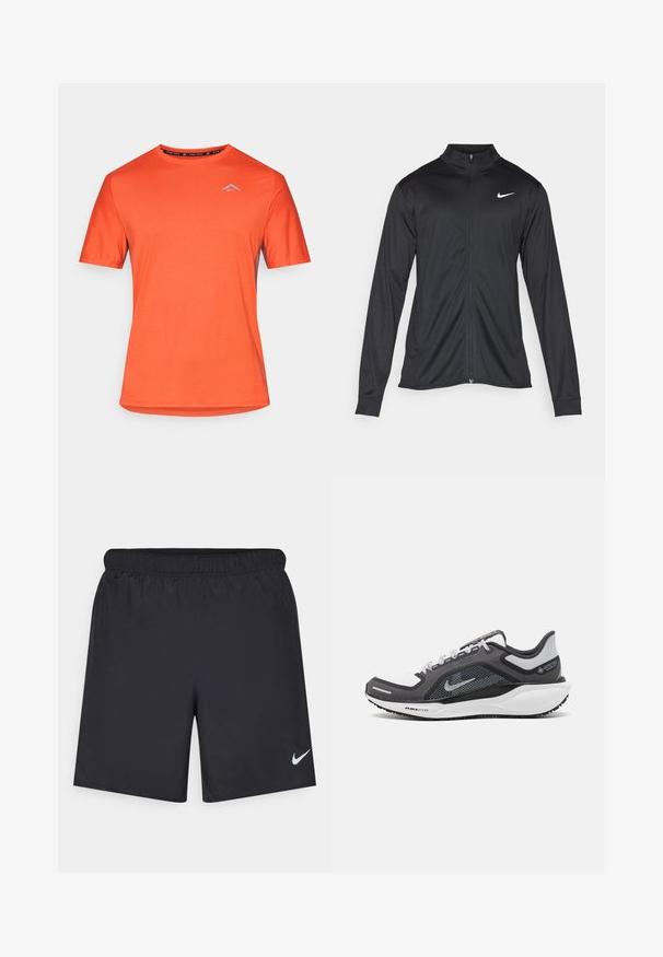 Μαύρο αθλητικό μπουφάν με μακριά μανίκια, γιακά και πλήρη φερμουάρ. Διαθέτει ένα διακριτικό λευκό λογότυπο της Nike στη πάνω αριστερή πλευρά του στήθους. Λείος υφασμάτινος χαρακτήρας.; Φωτεινό πορτοκαλί κοντομάνικο αθλητικό μπλουζάκι με στρογγυλή λαιμόκοψη και μικρό ανοιχτό μπλε λογότυπο στο αριστερό στήθος σε λευκό φόντο.; Μαύρες αθλητικές βερμούδες από ελαφρύ υλικό με ελαστική μέση. Διαθέτουν ένα μικρό λευκό λογότυπο Nike στην κάτω αριστερή πλευρά.; Μαύρο και γκρι αθλητικό παπούτσι με επάνω μέρος από διχτυωτό υλικό, ανακλαστικές λεπτομέρειες και λευκή μεσαία σόλα. Διαθέτει υφή από καουτσούκ στην εξωτερική σόλα και κορδόνια.