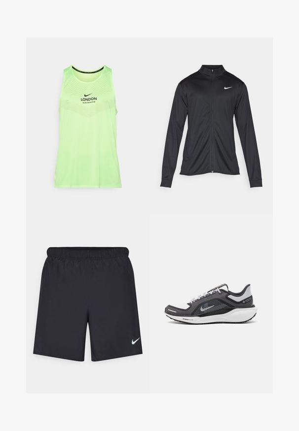 Black athletic jacket with long sleeves, collar, and full zipper. Features a subtle Nike logo in white on the upper left chest. Smooth texture.; Nike tank top in bright yellow-green, featuring a mesh design, round neckline, and "LONDON" print with marathon distance details.; Black athletic shorts made of lightweight material with an elastic waistband. Features a small white Nike logo on the lower left side.; Black and gray athletic shoe with a mesh upper, reflective accents, and a white midsole. Features textured rubber outsole and laces.