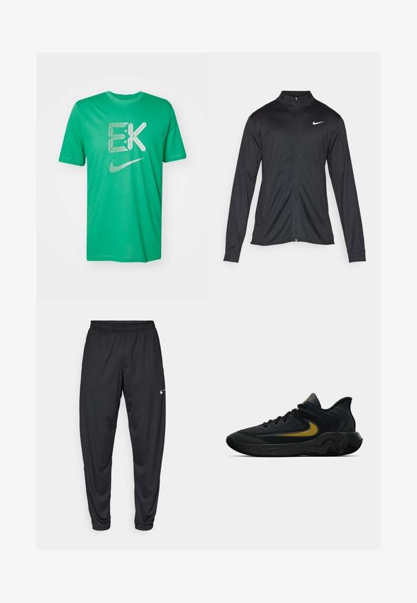 Črna atletska jakna z dolgimi rokavi, ovratnikom in polnim zadrgo. Vključuje diskreten bel Nike logotip na zgornjem levem delu prsnega koša. Gladka tekstura.; Nike Performance TEE KIPCHOGE - Športne majice - stadium green; Črne športne hlače z elastičnim pasom, z ozkimi nogami in majhnim belim logotipom Nike na levem stegnu. Gladek material, brez vzorcev.; Črne in temno sivo športne čevlje z črnimi vezalkami in zlatim logotipom v obliki kljukice, ki imajo valovito oblikovan podplat in oblazinjen zgornji del pete.
