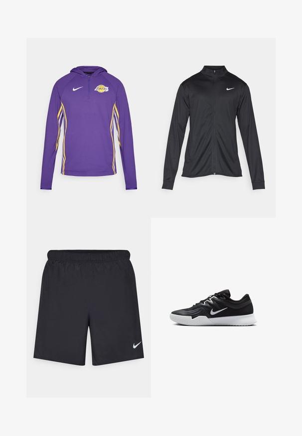 Juodas sportinis švarkas su ilgomis rankovėmis, apykakle ir pilnu užtrauktuku. Yra subtilus baltas Nike logotipas kairėje krūtinės pusėje. Lygus tekstūra.; Purpurinis ilgas rankovėmis su kapucine puloveris, su geltonomis šoninėmis juostelėmis ir Lakers logotipu, su pusiau užtraukiamu apykakle ir tekstūra, užtikrinančia oro pralaidumą.; Juodos sportinės šortai, pagaminti iš lengvos medžiagos, su elastingu juosmeniu. Ant apatinės kairės pusės yra mažas baltas Nike logotipas.; Juodos sportinės bateliai su tekstūruota viršutine dalimi, balta Nike swoosh ir balta gumine išorine dalimi. Yra su raištelių užsegimo dizainu ir dinamine forma.