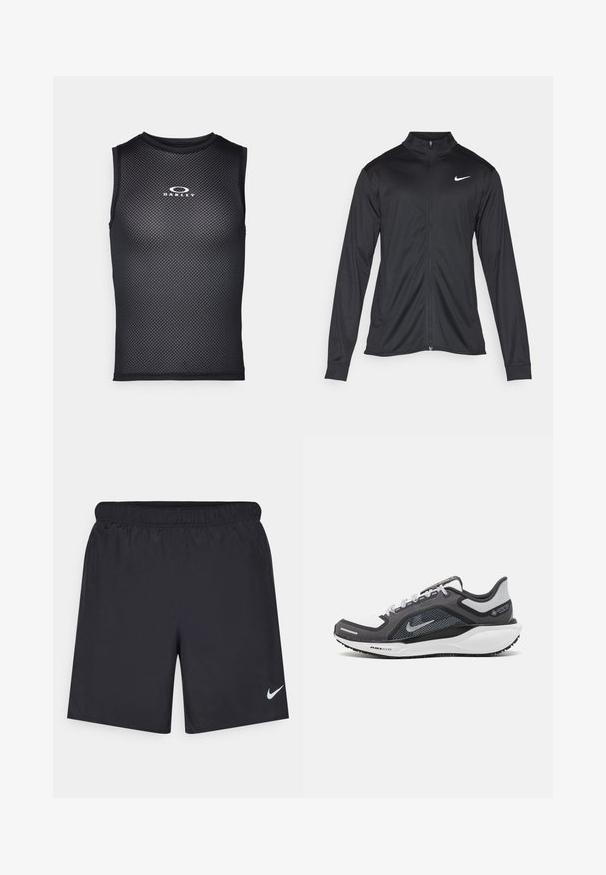 Giacca sportiva nera con maniche lunghe, colletto e zip completa. Presenta un logo Nike in bianco sulla parte superiore del lato sinistro del petto. Tessuto morbido.; Maglietta atletica nera senza maniche realizzata in materiale a rete, con scollatura rotonda e logo "Oakley" bianco sul petto.; Shorts sportivi neri realizzati in materiale leggero con vita elastica. Presentano un piccolo logo Nike bianco sul lato sinistro in basso.; Scarpa da ginnastica nera e grigia con tomaia in rete, dettagli riflettenti e intersuola bianca. Presenta una suola in gomma testurizzata e lacci.