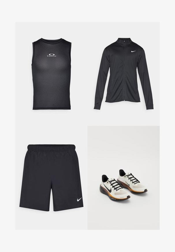 Veste de sport noire à manches longues, avec col et fermeture éclair intégrale. Présente un logo Nike subtil en blanc sur le côté supérieur gauche de la poitrine. Texture lisse.; Maillot de sport sans manches noir en tissu en maille, avec un col rond et le logo "Oakley" en blanc sur la poitrine.; Shorts de sport noirs en matériau léger avec une taille élastique. Présente un petit logo Nike blanc sur le bas du côté gauche.; Baskets de course Nike avec une tige en mesh blanc, des lacets noirs, une semelle orange et noire avec des détails mouchetés, et un design respirant.