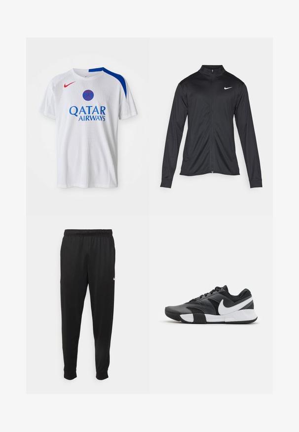 Melna sporta jaka ar garām piedurknēm, apkakli un pilnu rāvējslēdzēju. Uz kreisā krūts augšdaļas ir maigs Nike logo baltā krāsā. Gluda tekstūra.; Balta Nike T-kreklu ar ziliem akcentiem uz pleciem, sarkano logo un uzrakstu "QATAR AIRWAYS", kas drukāts zilā krāsā priekšpusē. Tekstūrēta auduma.; Melnas sporta bikses, kas izgatavotas no gludas auduma, ar elastīgu jostu, sašaurinošām kājām un mazu balto logo kreisajā pusē.; Melnas sporta apavi, izgatavoti no sintētiskiem un sieta materiāliem, ar baltu Nike logo, teksturētu pirksta daļu un gumijas zoli labākai saķerei.