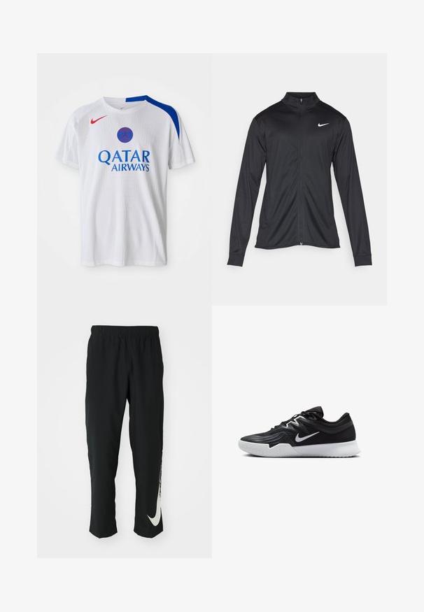 Must värvi sportlik jakk pikkade varrukatega, krae ja täispikk tõmblukk. Ülemises vasakus rinnas on diskreetne valge Nike logo. Sile tekstuur.; Valge Nike T-särk, millel on sinised aksendid õlgadel, punane logo ja sinise värviga "QATAR AIRWAYS" trükk ees. Struktureeritud kangas.; Mustad mustad sportlikud püksid elastse vöökohtadega, kitseneva disainiga, millel on vasakul jalal suur valge Nike logo. Pehme, kerge kangas.; Must mustad jalanikesad rikaste ülaservaga, valge Nike swoosh'i ja valge kummist välispõhjaga. Omab paeltega sulgemisdetaili ja dünaamilist kuju.