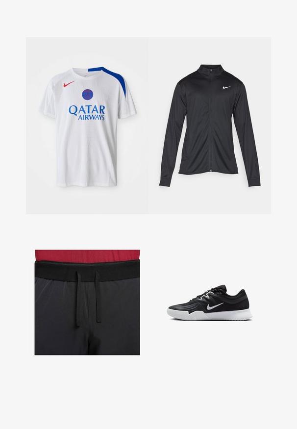 Czarna sportowa kurtka z długimi rękawami, kołnierzem i pełnym zamkiem. Posiada subtelne logo Nike w białym kolorze na lewej górnej części klatki piersiowej. Gładka tekstura.; Biała koszulka Nike z niebieskimi akcentami na ramionach, czerwonym logo oraz napisem "QATAR AIRWAYS" w niebieskim kolorze na przodzie. Teksturowana tkanina.; Czarne spodnie sportowe mają szeroki pas zewnętrzny ze sznurkiem. Tkanina jest gładka, lekko połyskująca i bez widocznych wzorów.; Czarne buty sportowe z teksturowaną cholewką, białym logo Nike i białą gumową podeszwą. Charakteryzują się sznurowanym zapięciem i dynamicznym kształtem.
