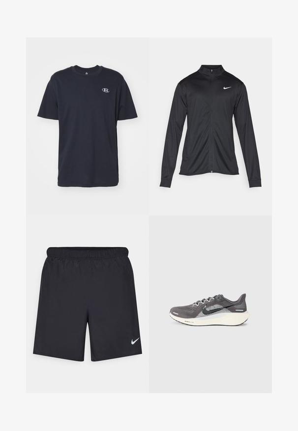 Zwarte sportjack met lange mouwen, kraag en volle rits. Voorzien van een subtiele Nike-logo in het wit op de bovenste linkerborst. Soepele textuur.; Marineblauw katoenen T-shirt met korte mouwen, ronde hals en een klein wit logo op de linkerkant van de borst. Zachte textuur, rechte pasvorm en eenvoudig ontwerp.; Zwarte sportshorts gemaakt van lichtgewicht materiaal met een elastische tailleband. Voorzien van een klein wit Nike-logo aan de onderzijde aan de linkerkant.; Grijze en witte Nike Air Zoom hardloopschoen met zwart swoosh-logo en witte zool op een effen lichte achtergrond.