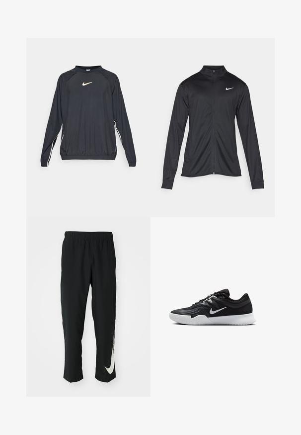 Melna sporta jaka ar garām piedurknēm, apkakli un pilnu rāvējslēdzēju. Uz kreisā krūts augšdaļas ir maigs Nike logo baltā krāsā. Gluda tekstūra.; Melnas garas piedurknes polo krekls ar apaļu kakla izgriezumu, kuram ir zelta Nike logo un baltas sānu joslas. Izgatavots no viegla, gluda auduma.; Melni sporta bikses ar elastīgu jostasvīru, ar sašaurinātu dizainu, kurām uz kreisā kājas gabala ir liels balts Nike logo. Mīksts, viegls audums.; Melni sporta apavi ar teksturētu virsu, balto Nike zulumu un balto gumijas zoli. Iezīmējas ar auklu pievilkšanas dizainu un dinamisku formu.