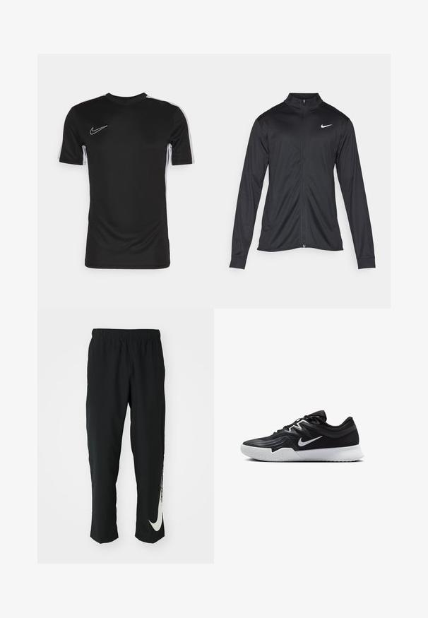Sort atletisk jakke med lange ærmer, krave og fuld lynlås. Har et diskret Nike-logo i hvidt på den øverste venstre side af brystet. Glat tekstur.; Nike Performance TOP - Sports T-shirts - black/white; Sorte træningsbukser med elastisk talje, der taper ind, og har et stort hvidt Nike-logo på venstre ben. Blødt, letvægtsstof.; Sort atletiksko med en tekstureret overdel, hvid Nike swoosh og en hvid gummisål. Har en snørret design og dynamisk form.