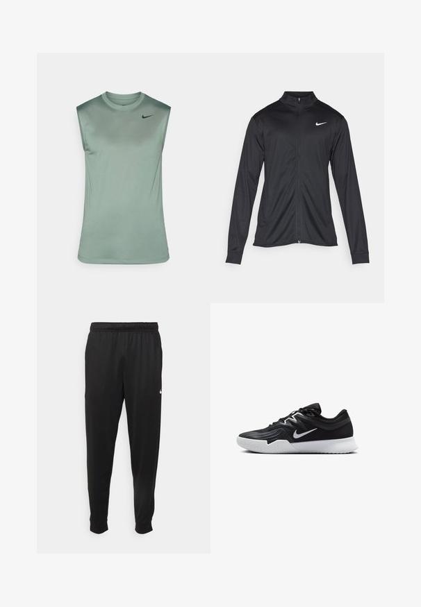 Svart idrottsjacka med långa ärmar, krage och full dragkedja. Har en diskret Nike-logga i vitt på övre vänstra bröstet. Slät yta.; Ärmlös träningströja i mjuk grön tyg med en slät textur. Har en rund halsringning och en liten svart Nike-logotyp på bröstet.; Svarta träningsbyxor i slät tyg, med elastisk midja, avsmalnande ben och en liten vit logotyp på vänster sida.; Svarta träningsskor med en texturerad ovandel, vit Nike-logga och en vit gummisula. Har snörningsdesign och en dynamisk form.