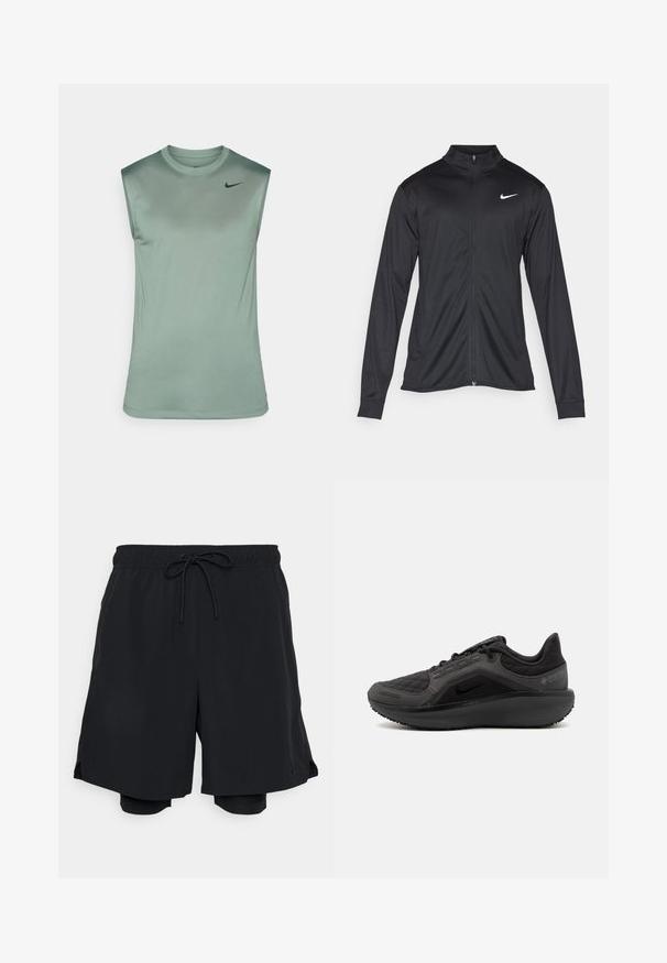 Black athletic jacket with long sleeves, collar, and full zipper. Features a subtle Nike logo in white on the upper left chest. Smooth texture.; Sleeveless athletic shirt in soft green fabric with a smooth texture. Features a round neckline and a small black Nike logo on the chest.; Black athletic shorts made of lightweight fabric, featuring an elastic waistband with drawstring, and a fitted inner short.; Black athletic shoe with a textured quilted upper, sleek design, and black rubber sole. Features a visible logo and Gore-Tex branding.