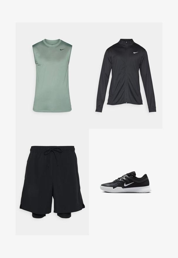 Juodas sportinis švarkas su ilgomis rankovėmis, apykakle ir pilnu užtrauktuku. Yra subtilus baltas Nike logotipas kairėje krūtinės pusėje. Lygus tekstūra.; Beigė be rankovių sportinė marškinė iš minkštos žalios medžiagos su lygiu paviršiumi. Turinti apvalų iškirpimą ir nedidelį juodą "Nike" logotipą ant krūtinės.; Juodi sportiniai šortai, pagaminti iš lengvos medžiagos, su elastinga juosmens juosta su raišteliu ir prigludusiais vidiniais šortais.; Juodos sportinės bateliai su tekstūruota viršutine dalimi, balta Nike swoosh ir balta gumine išorine dalimi. Yra su raištelių užsegimo dizainu ir dinamine forma.