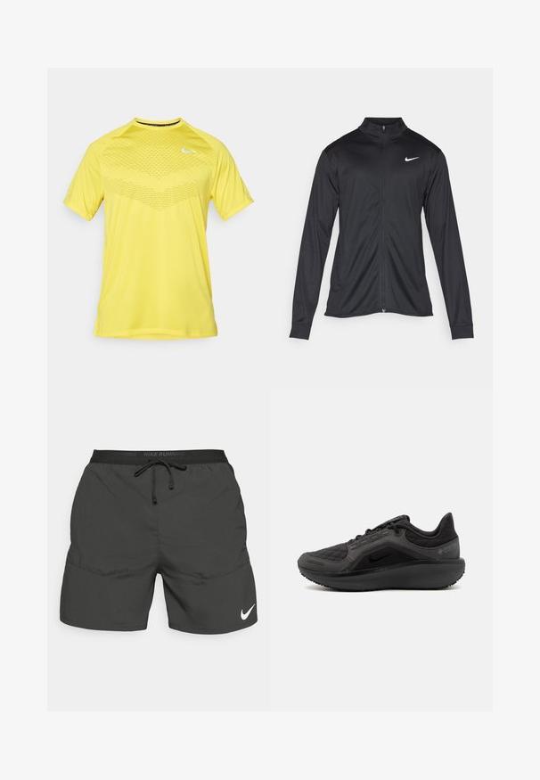 Juodas sportinis švarkas su ilgomis rankovėmis, apykakle ir pilnu užtrauktuku. Yra subtilus baltas Nike logotipas kairėje krūtinės pusėje. Lygus tekstūra.; Geltona atletinė trumparankovė marškinėliai su tinklinio raštu priekyje ir apvalia kaklo iškirpte. Papuošti mažu baltu logotipo ženklu krūtinėje.; Juodi bėgimo šortai su elastingu juosmeniu, raišteliu, šoninėmis kišenėmis ir balta Nike logotipu kairėje apatinių kojų pusėje.; Juodas sportinis batelis su tekstūruota siuvinėta viršutine dalimi, elegantiškas dizainas ir juodas guminis pagrindas. Rodyklė matoma logotipo ir Gore-Tex prekės ženklo.