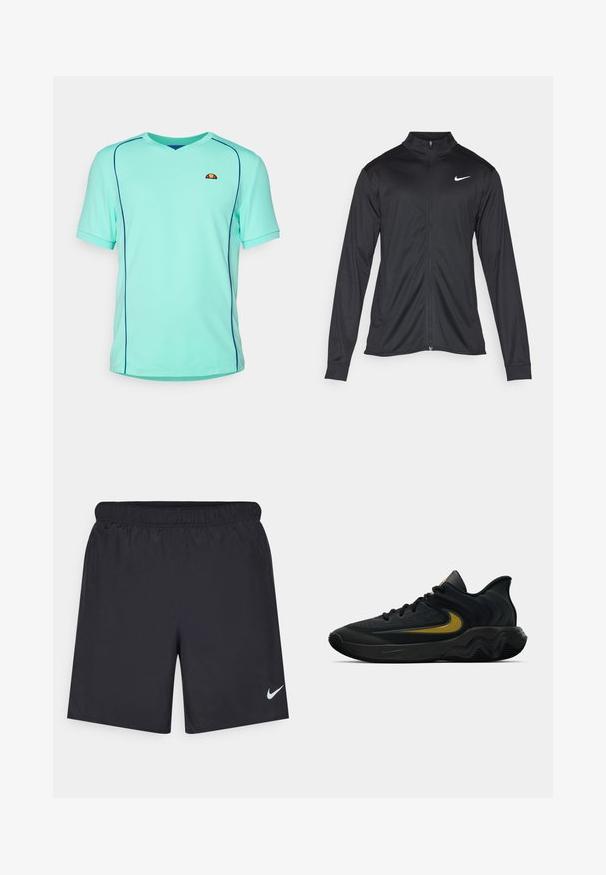 Svart idrettsjakke med lange ermer, krage og full glidelås. Har en subtil Nike-logo i hvitt på øvre venstre bryst. Glatt tekstur.; Tyrkisk kortermet sportsskjorte med V-hals. Har kontrastfarget blå søm og en liten logo på brystet. Teksturlignende stoff.; Svart sportskjørt laget av lett materiale med elastisk linning. Har en liten hvit Nike-logo nederst til venstre.; Svart og mørkegrå idrettssko med svarte lisser og gull swoosh-logo, med en bølget såle design og polstret hælkollare.