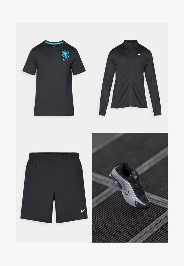 Jacket desportivo preto com mangas longas, colarinho e fecho zip completo. Apresenta um discreto logotipo da Nike em branco na parte superior do lado esquerdo do peito. Textura suave.; T-shirt preto de algodão com mangas curtas e decote redondo, apresentando um logótipo azul da Nike e um emblema do Inter de Milão no peito.; Calças de desporto pretas feitas de material leve com uma cintura elástica. Apresenta um pequeno logótipo branco da Nike no canto inferior esquerdo.; Shoe atlético Nike com um design em preto e prata. Feito de material sintético, com detalhes em malha e uma sola de suporte com amortecimento de ar visível.