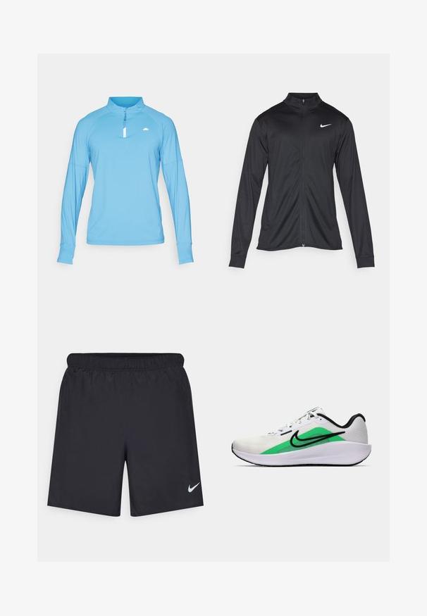 Juodas sportinis švarkas su ilgomis rankovėmis, apykakle ir pilnu užtrauktuku. Yra subtilus baltas Nike logotipas kairėje krūtinės pusėje. Lygus tekstūra.; Šviesiai mėlynas ilgesnės rankovės viršus su pusiau užtrauktuku, pagamintas iš sklandžios medžiagos. Yra raglan stiliaus rankovės ir mažas logotipas ant krūtinės.; Juodos sportinės šortai, pagaminti iš lengvos medžiagos, su elastingu juosmeniu. Ant apatinės kairės pusės yra mažas baltas Nike logotipas.; Balti sportiniai batai su žalia akcentu, juodu logotipu, tinklinė viršutinė dalis, paminkštintas padas ir suapvalintas kulnas. Yra raišteliai ir kontrastingos detalės.